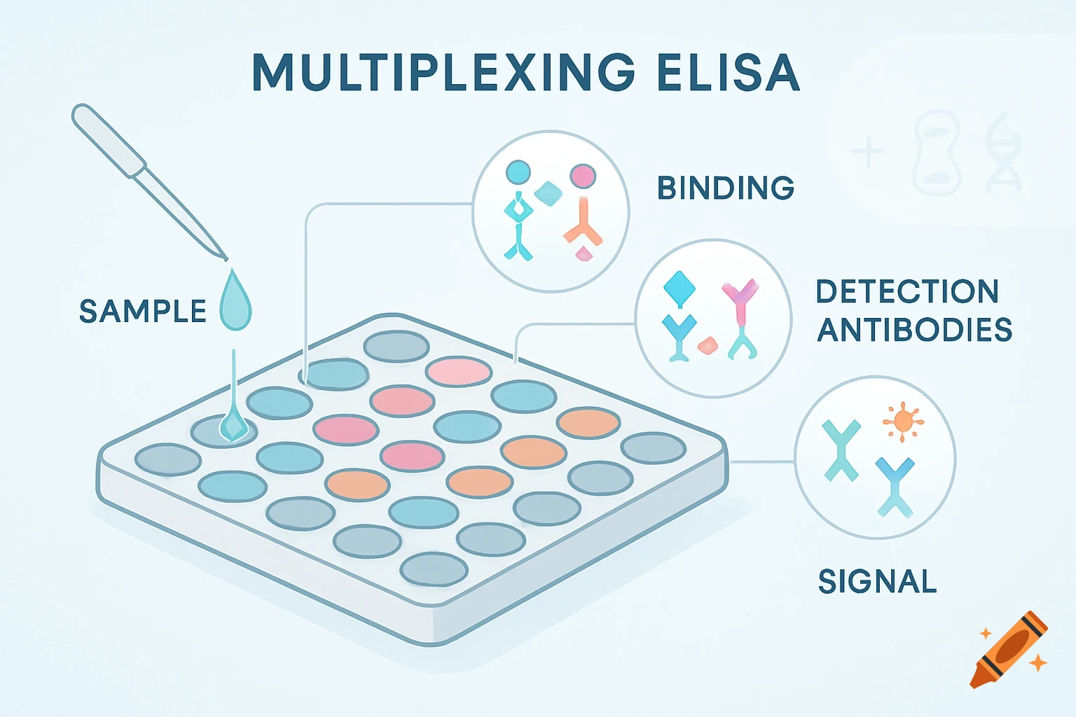 Schematic diagram of multiplexing ELISA showing a pipette adding a sample to a microplate, with steps for binding, detection antibodies, and signal.