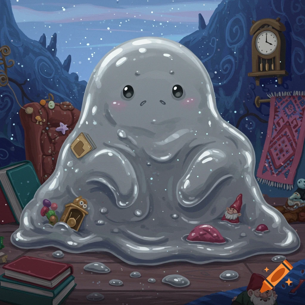 A cute gray blob creature sits on a wooden floor amidst books, gnomes, and scattered objects, under a starry night sky. Whimsical illustration.