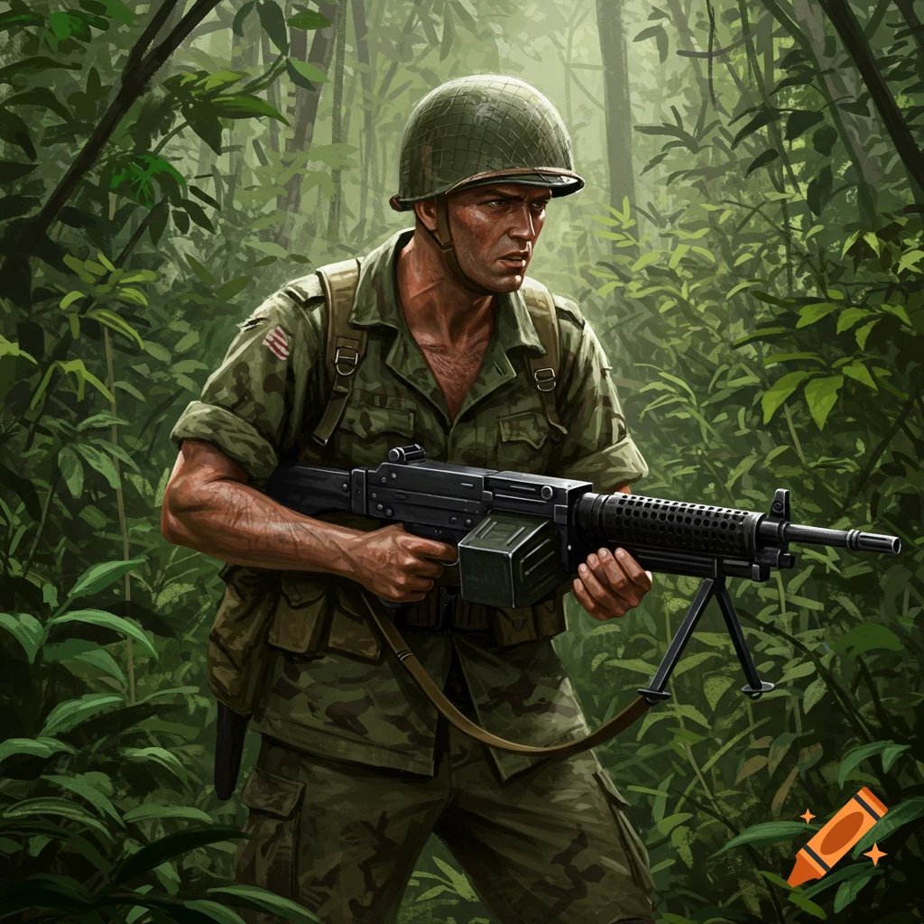 A Vietnam era US Army soldier in camouflage uniform and helmet, holding an M-60 machine gun in a dense jungle.