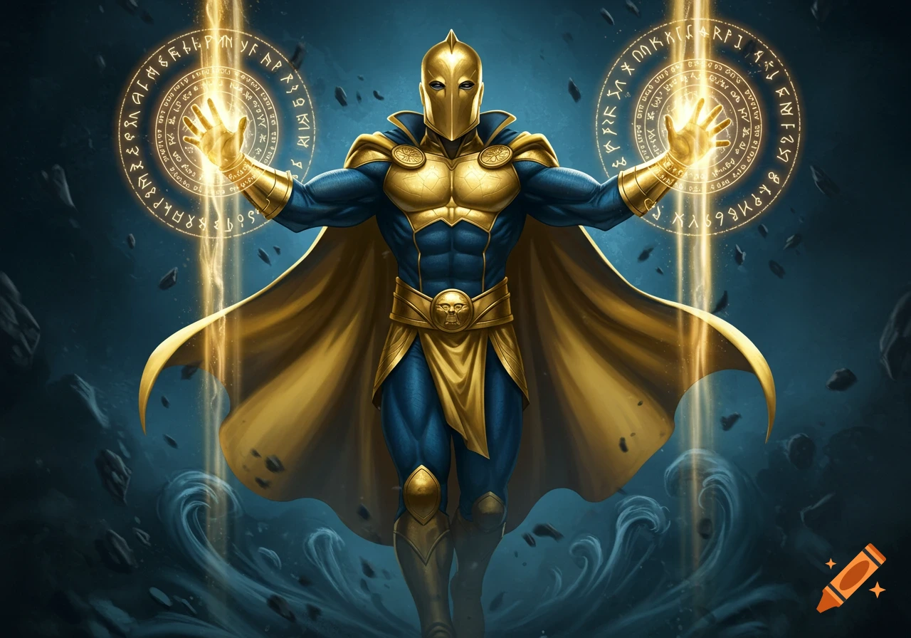 Dr. Fate in his blue and gold costume with a golden helmet, hands outstretched, conjuring glowing runes and light beams amidst a dark, stormy background.