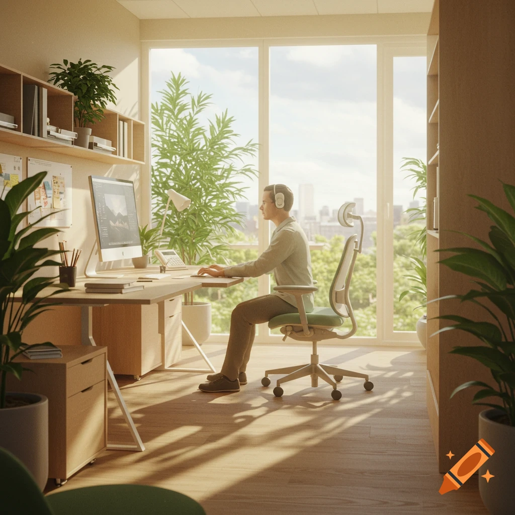 A person works at a computer in a sunlit, modern office filled with green plants and natural light.