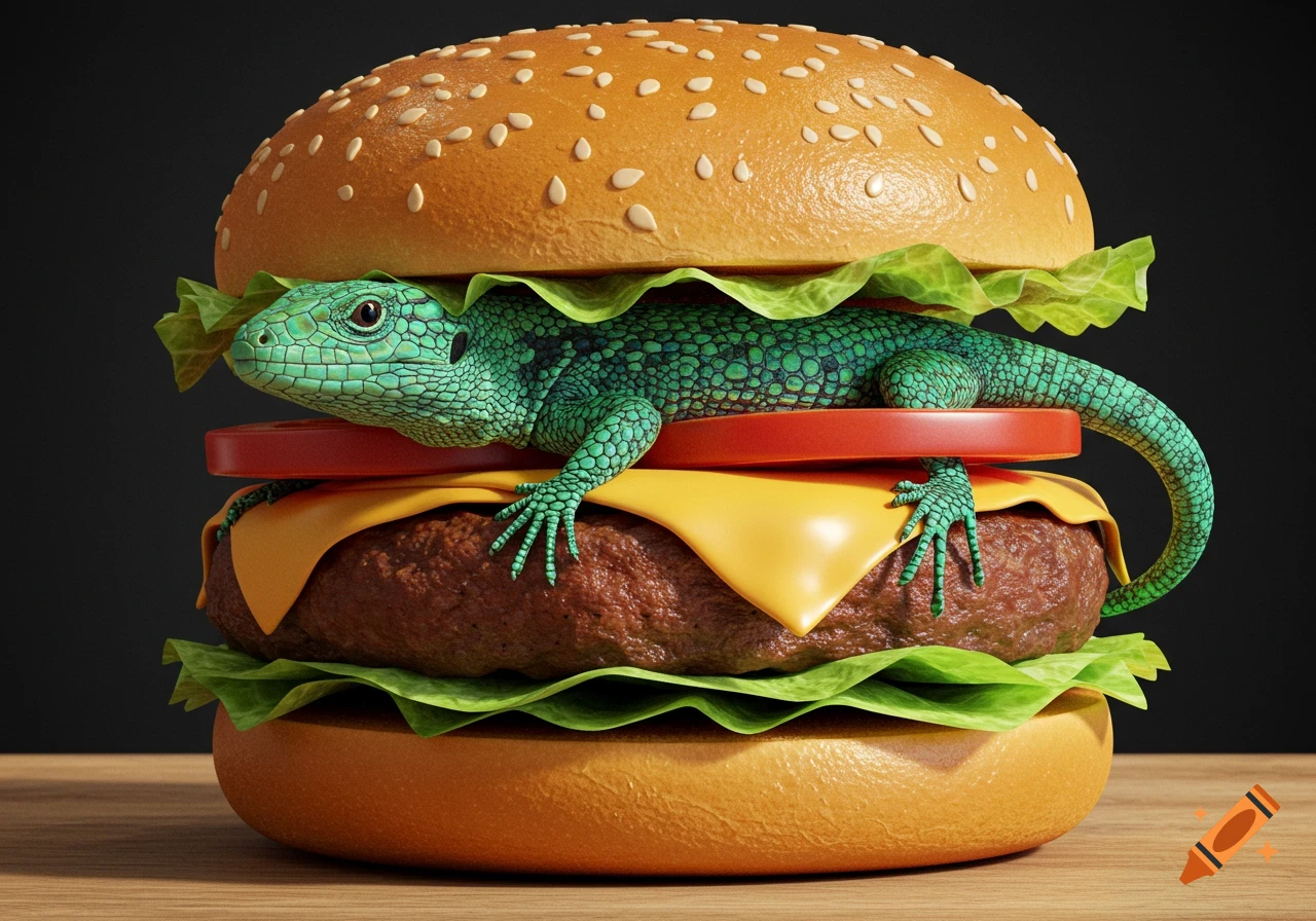 A photorealistic burger with a green lizard nestled between the bun, lettuce, tomato, cheese, and a meat patty.
