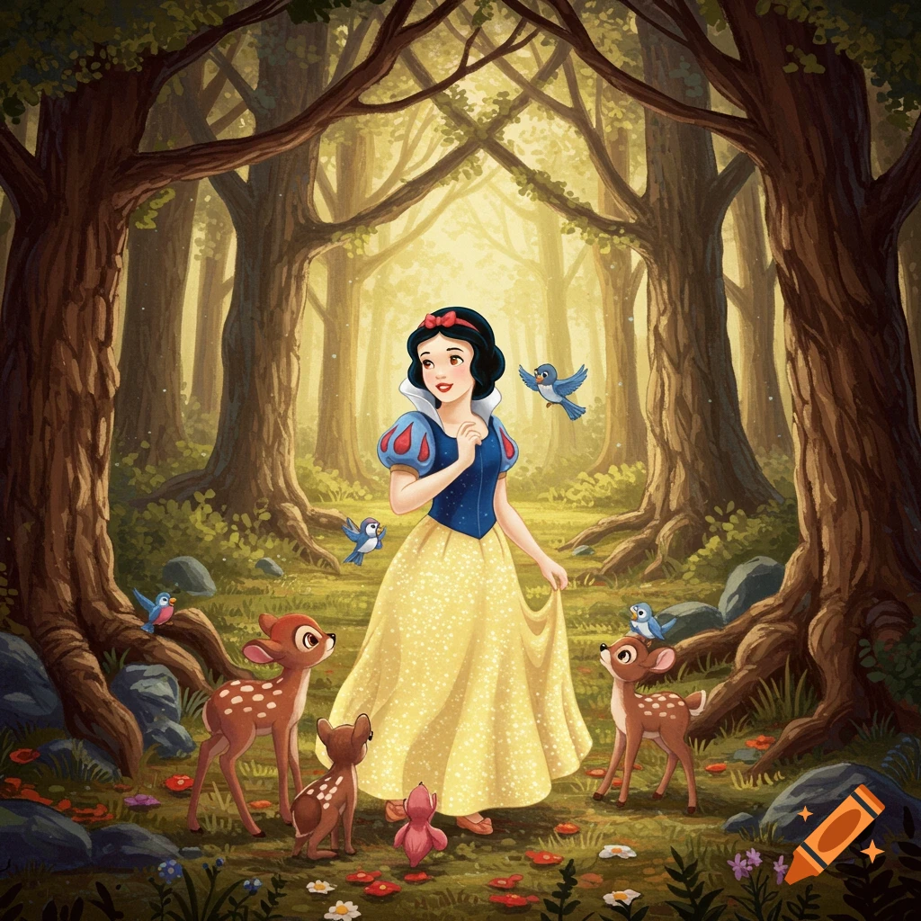 Snow White in a vibrant forest, surrounded by small deer and bluebirds, in a whimsical cartoon style.