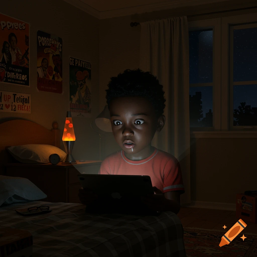 A photorealistic image of a wide-eyed black boy drooling while looking intently at a glowing tablet in a dark bedroom at night.