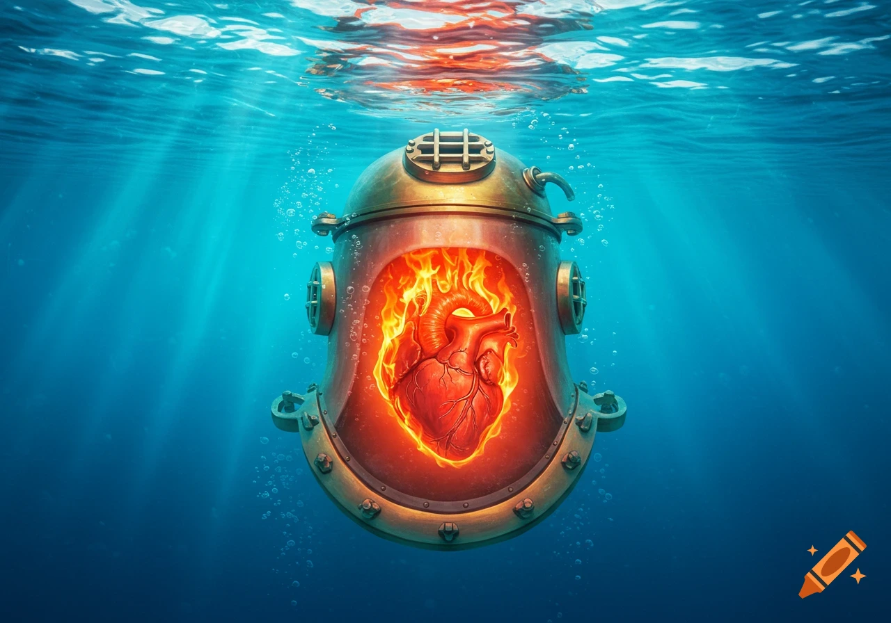 A stylized human heart ablaze inside an old brass diving helmet, submerged in clear blue ocean water with sun rays filtering through.