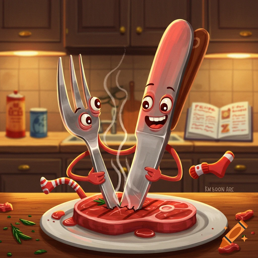 A cartoon knife and fork with human limbs and faces happily cut into a steaming steak on a plate in a kitchen.