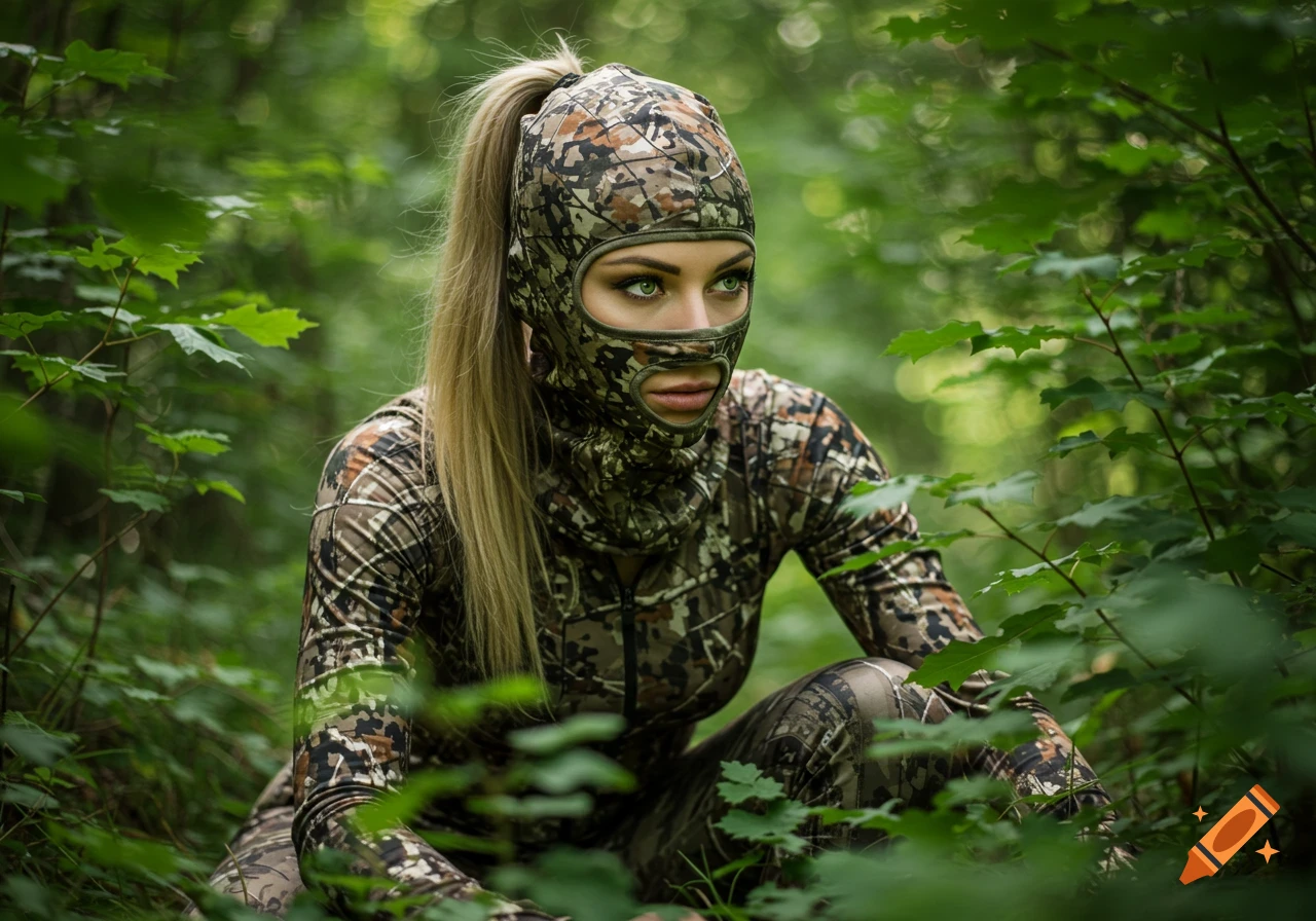 A woman in a camouflage balaclava and suit, with a high ponytail and green eyes, crouches in a dense leafy forest.