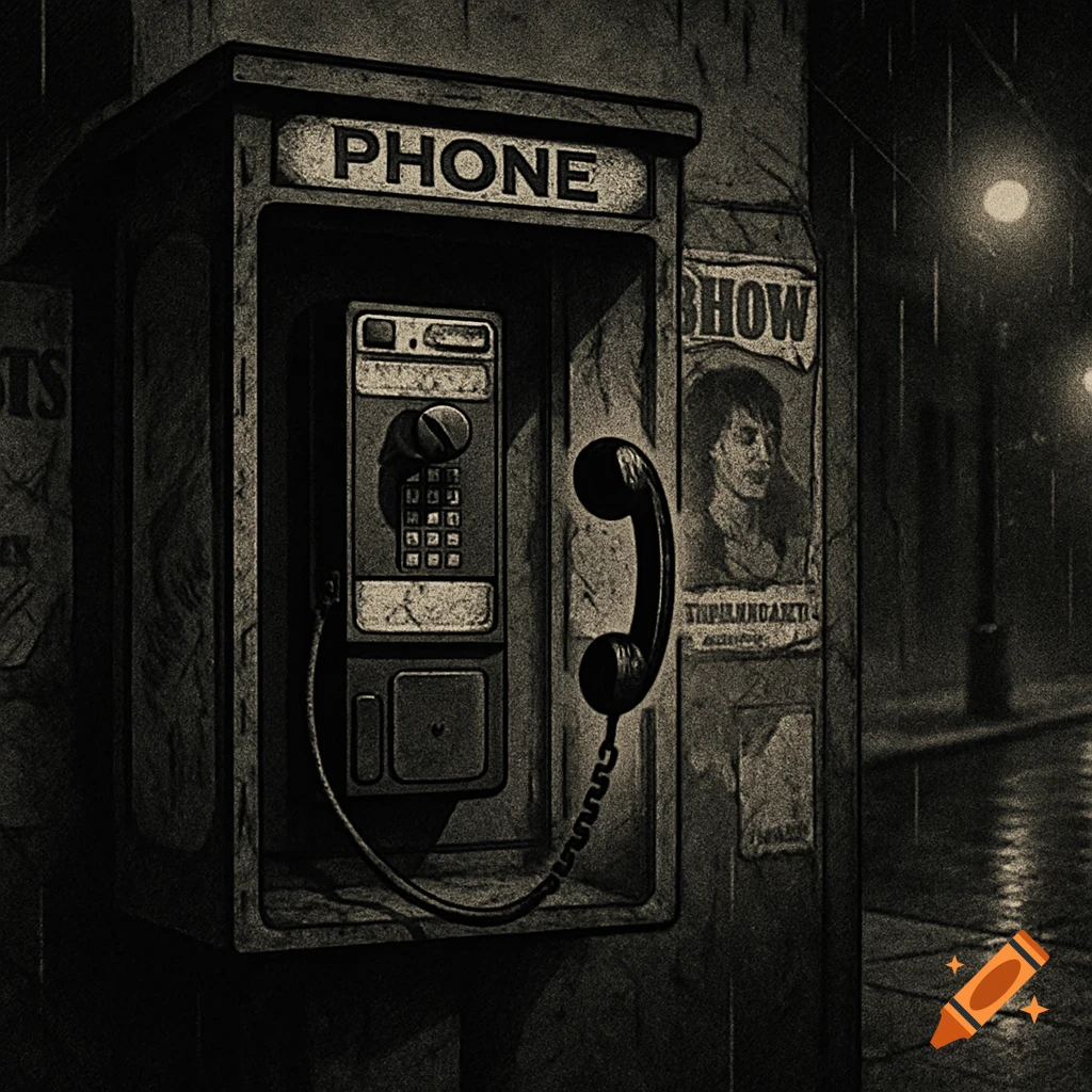 A moody, film noir comic-style image of a vintage payphone in a dark, rain-slicked booth at night, with the receiver dangling and faded ads on the wall.
