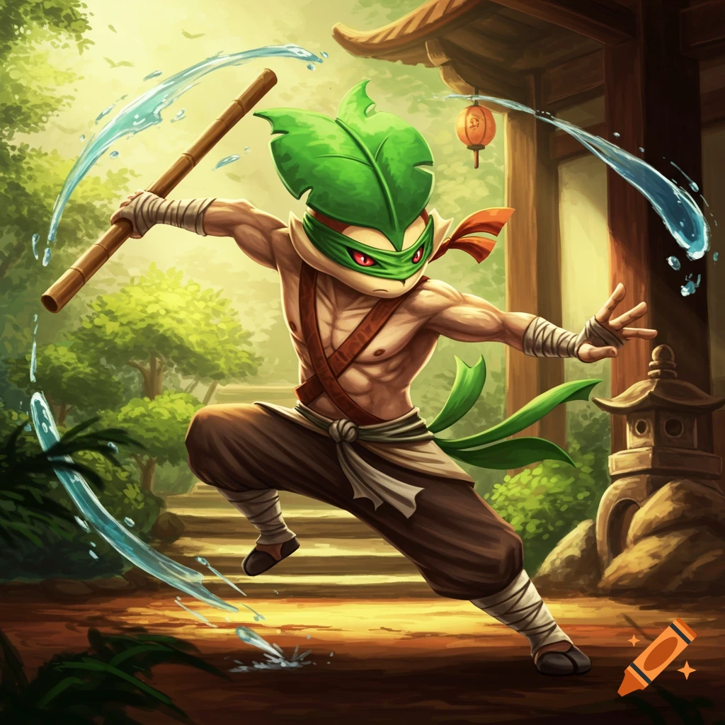 A muscular, plant-like Pokémon martial artist with a leaf head, holding a staff amidst water splashes in a fantasy temple setting.