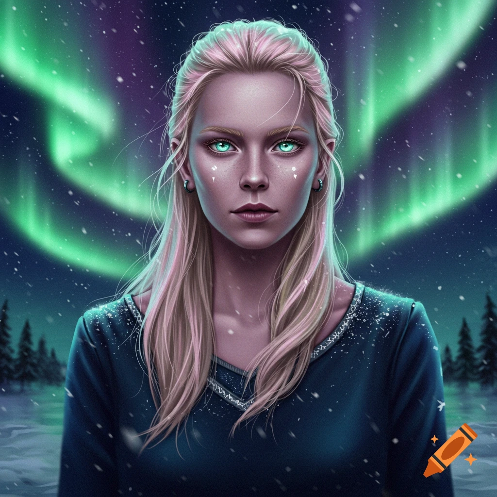 A fantasy portrait of a woman with blonde hair and glowing green eyes under a green aurora borealis in a snowy forest.