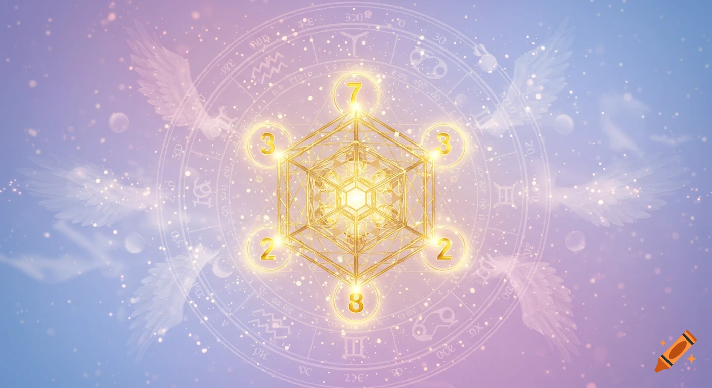 Glowing golden Metatron's Cube with numbers, surrounded by a translucent astrology wheel and ethereal angel wings on a pastel background.