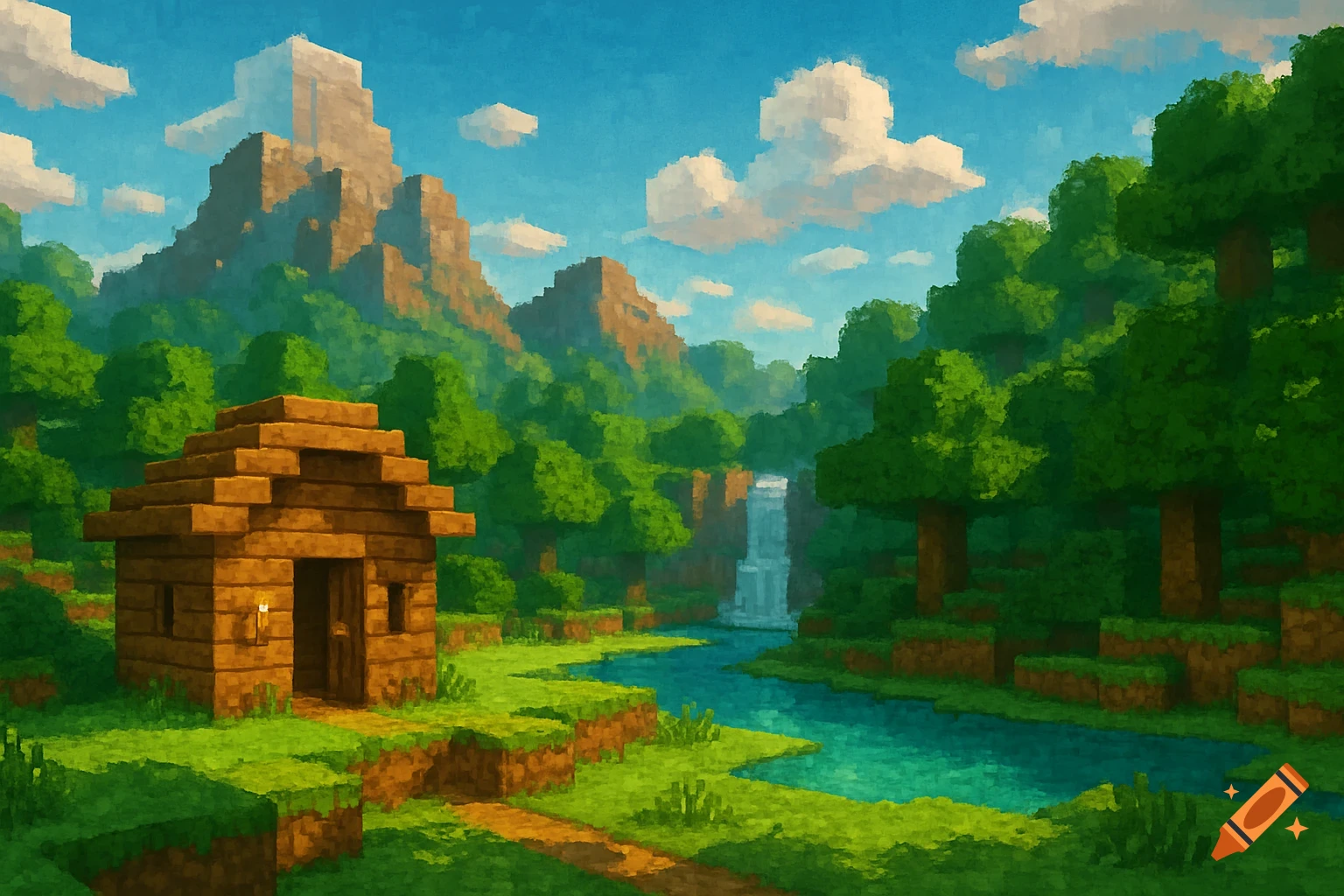 A painterly Minecraft landscape featuring a wooden house, a river with a waterfall, green trees, and blocky mountains.