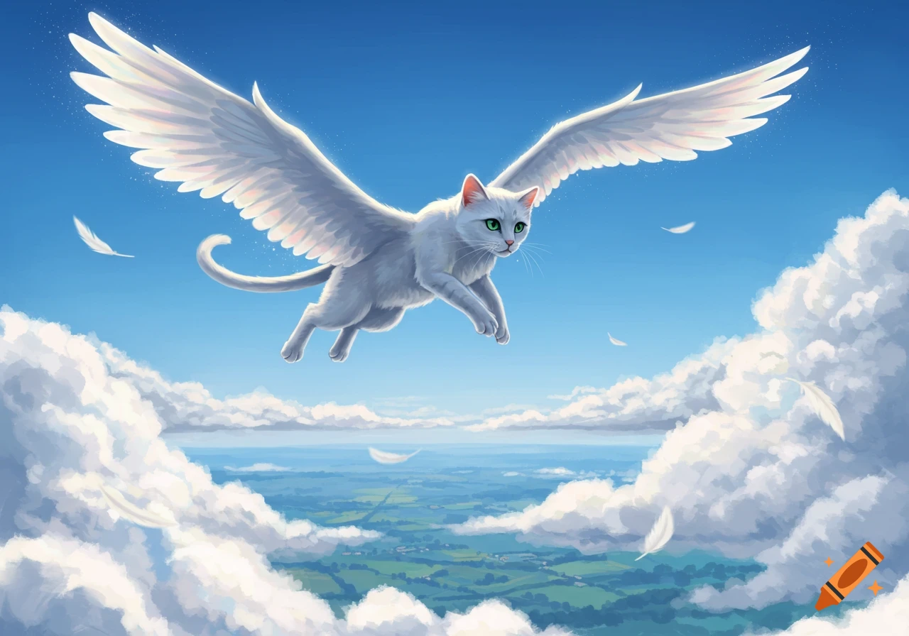 A white cat with large feathery wings flies through a bright blue sky filled with white clouds, above a green landscape.