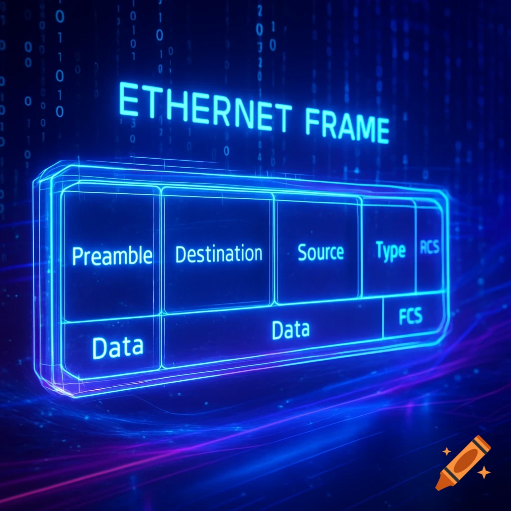 A glowing blue digital diagram of an Ethernet frame with labeled fields against a binary code background.