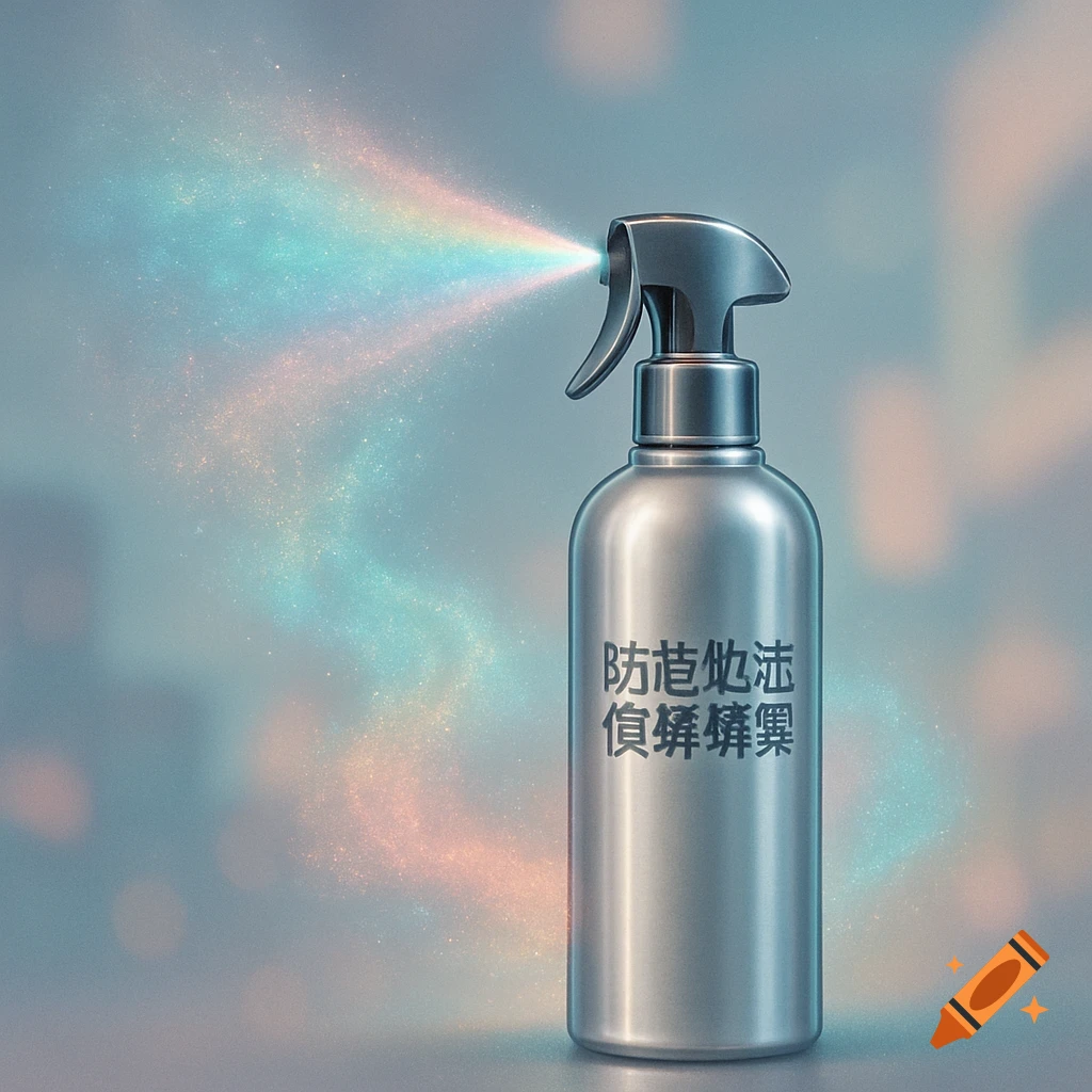 A silver spray bottle with Chinese text on its label, emitting a rainbow-colored, sparkling mist to the left.