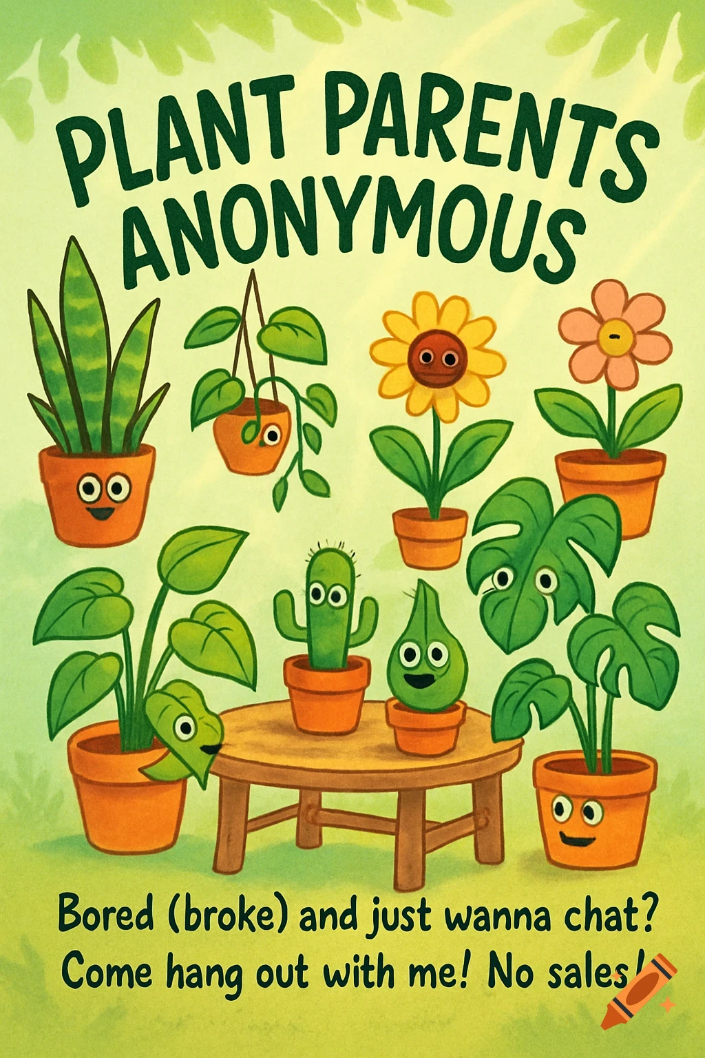 A cartoon flyer for 'Plant Parents Anonymous' featuring various smiling potted plants on a green background. The text invites people to chat.