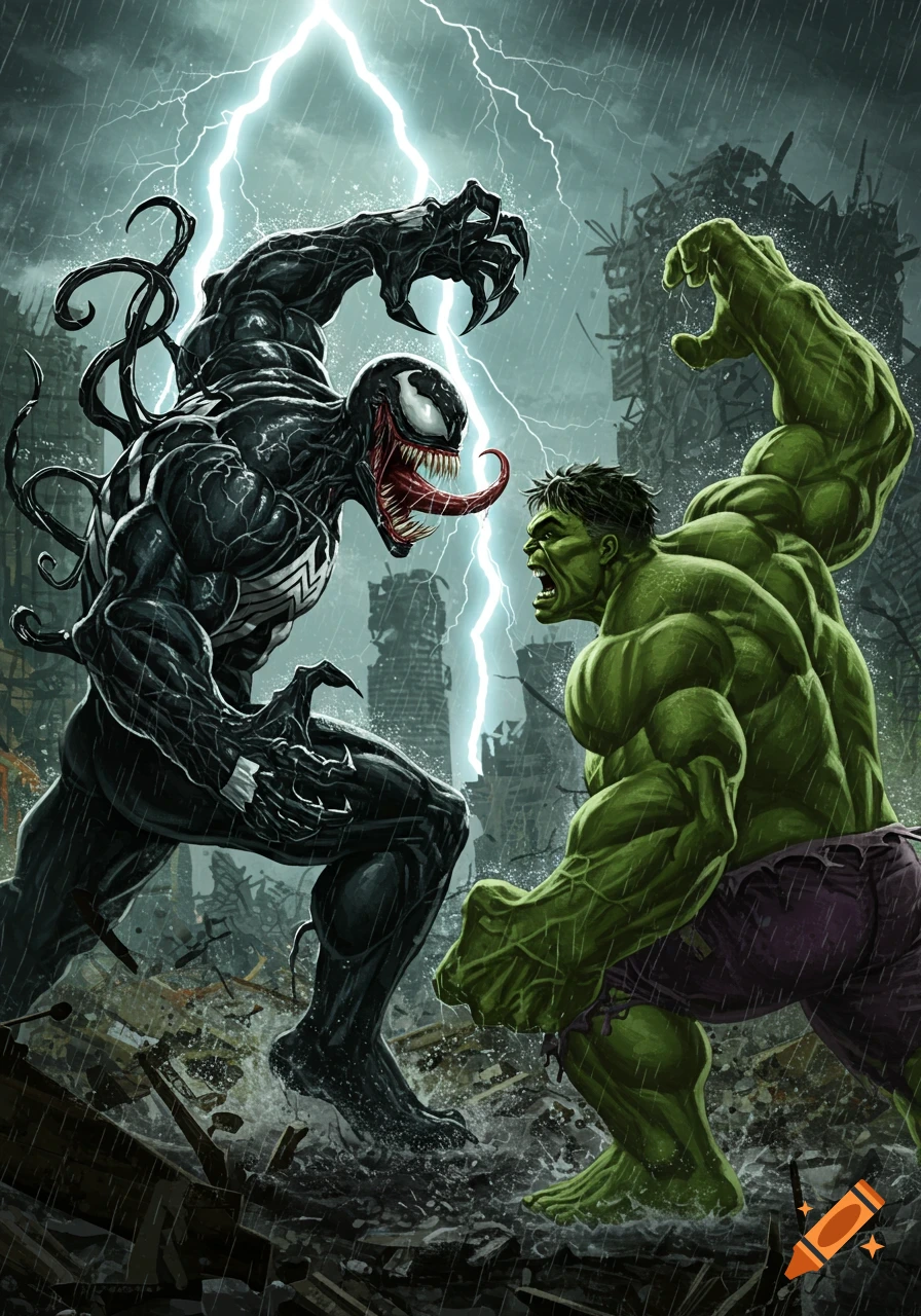 Venom and Hulk battle intensely in a dynamic, rain-soaked city scene under lightning.