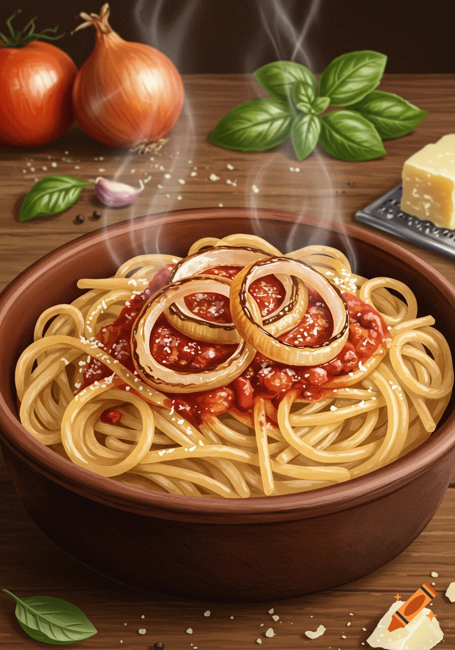 Illustrated bowl of steaming spaghetti with tomato sauce and onion rings, surrounded by basil, tomato, onions, garlic, and cheese.