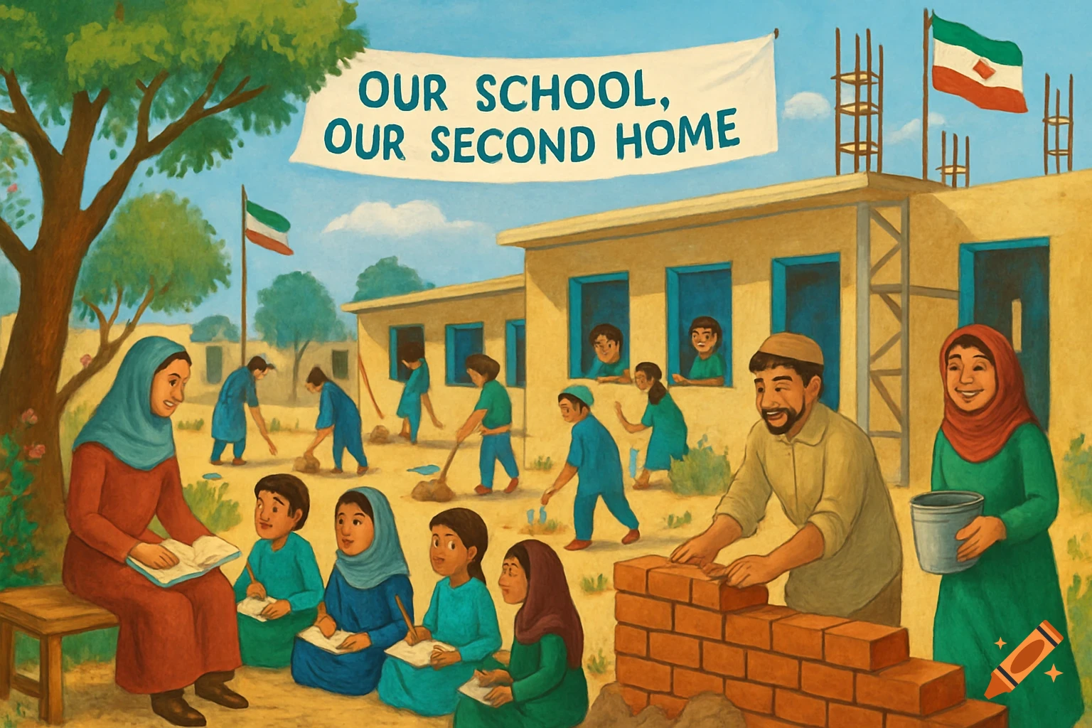 An illustration of a vibrant schoolyard where a teacher reads to students while adults and children work together to build and clean the school. A banner above reads "OUR SCHOOL, OUR SECOND HOME".