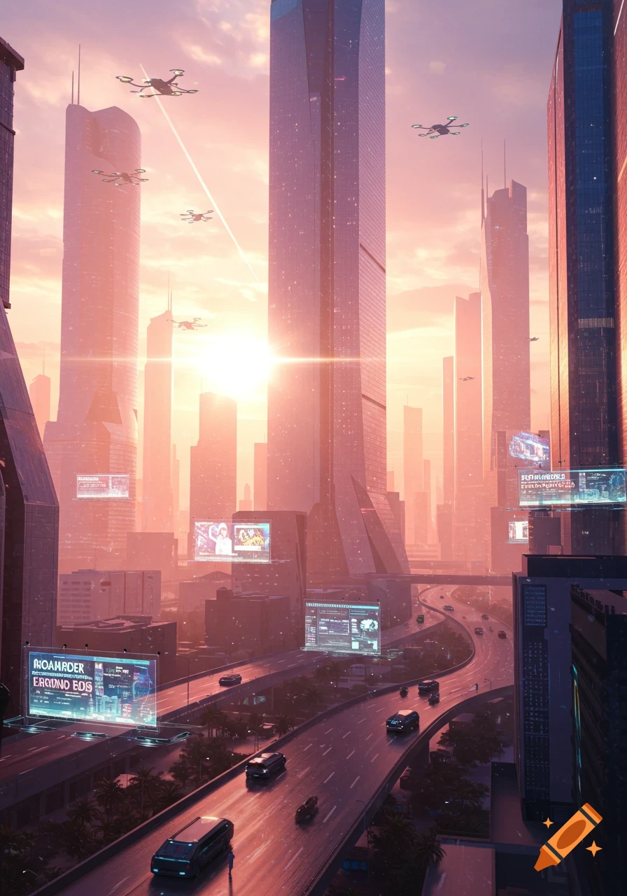 A vibrant futuristic cityscape at sunrise with tall skyscrapers, elevated highways, flying drones, and holographic billboards.