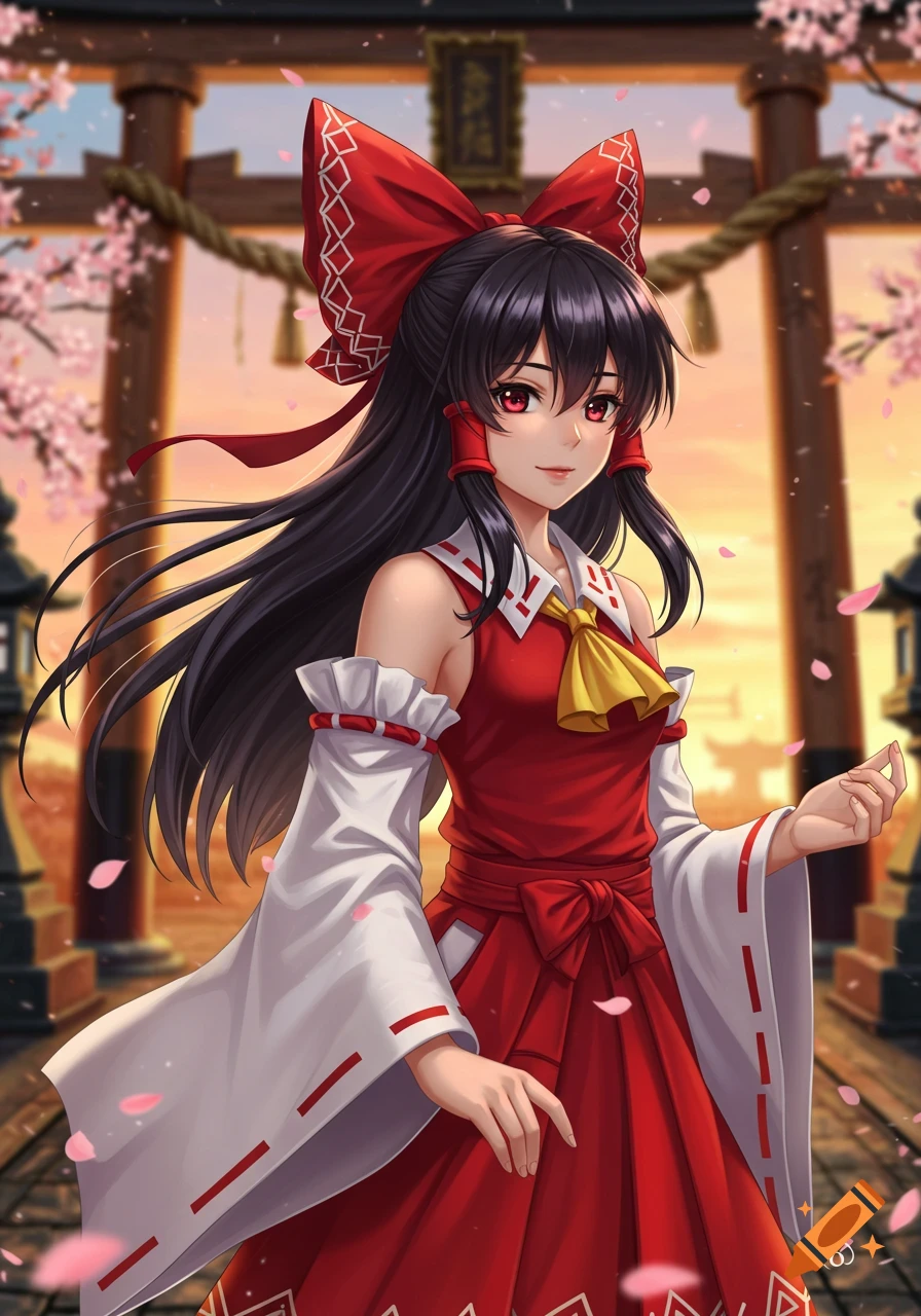 Anime girl in red and white shrine maiden outfit with a red bow stands before a torii gate with cherry blossoms at sunset.