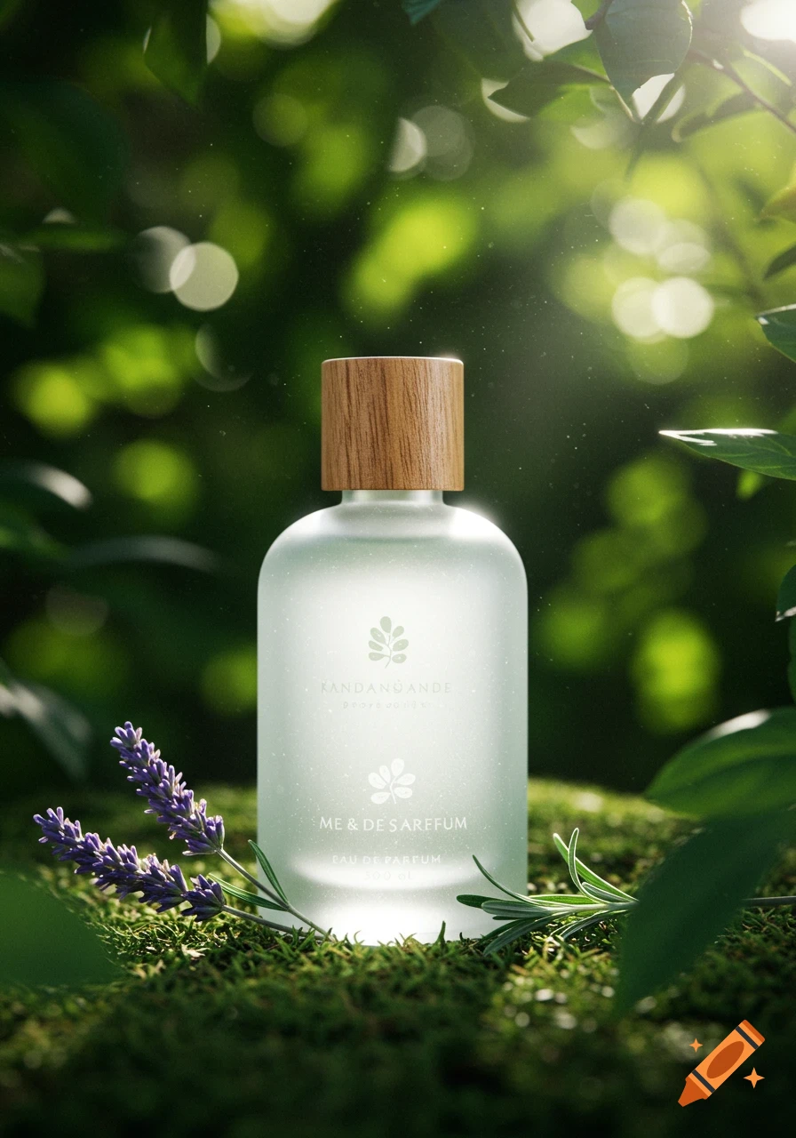 A frosted glass perfume bottle with a wooden cap stands in moss with lavender and greenery in a sunlit forest.