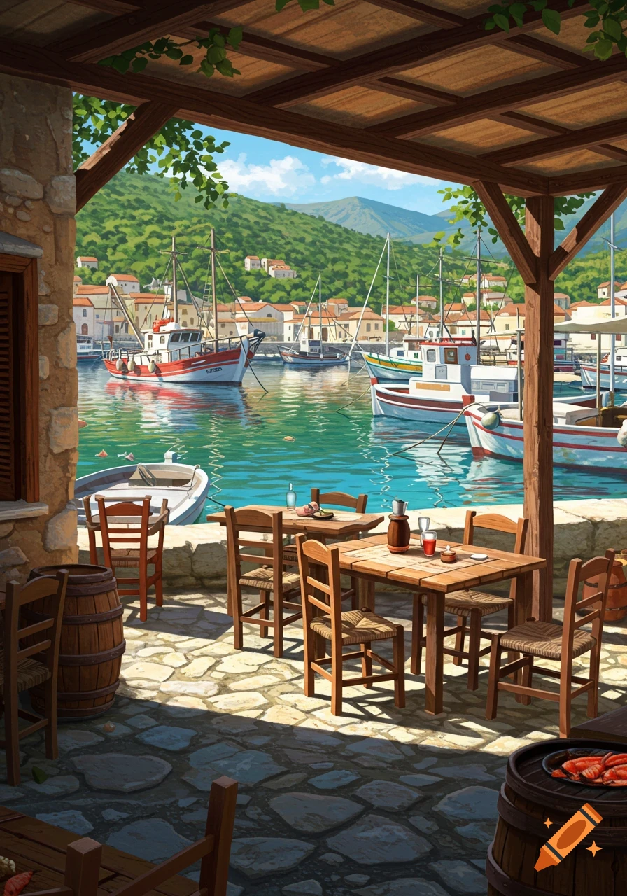 An open-air tavern patio with tables and chairs overlooks a harbor filled with colorful boats, with green hills and a coastal town in the background.