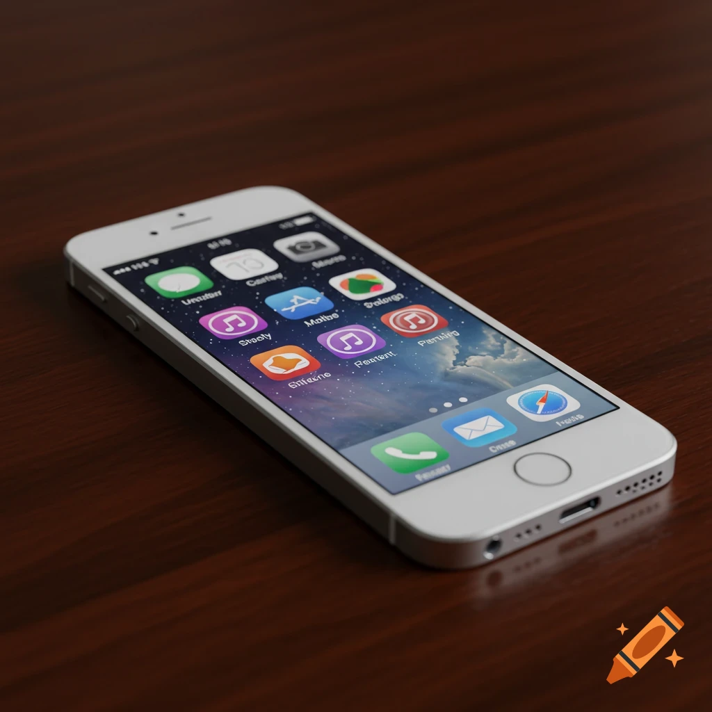 White iPhone SE displaying colorful app icons on its screen, resting on a dark wooden table in a photorealistic style.