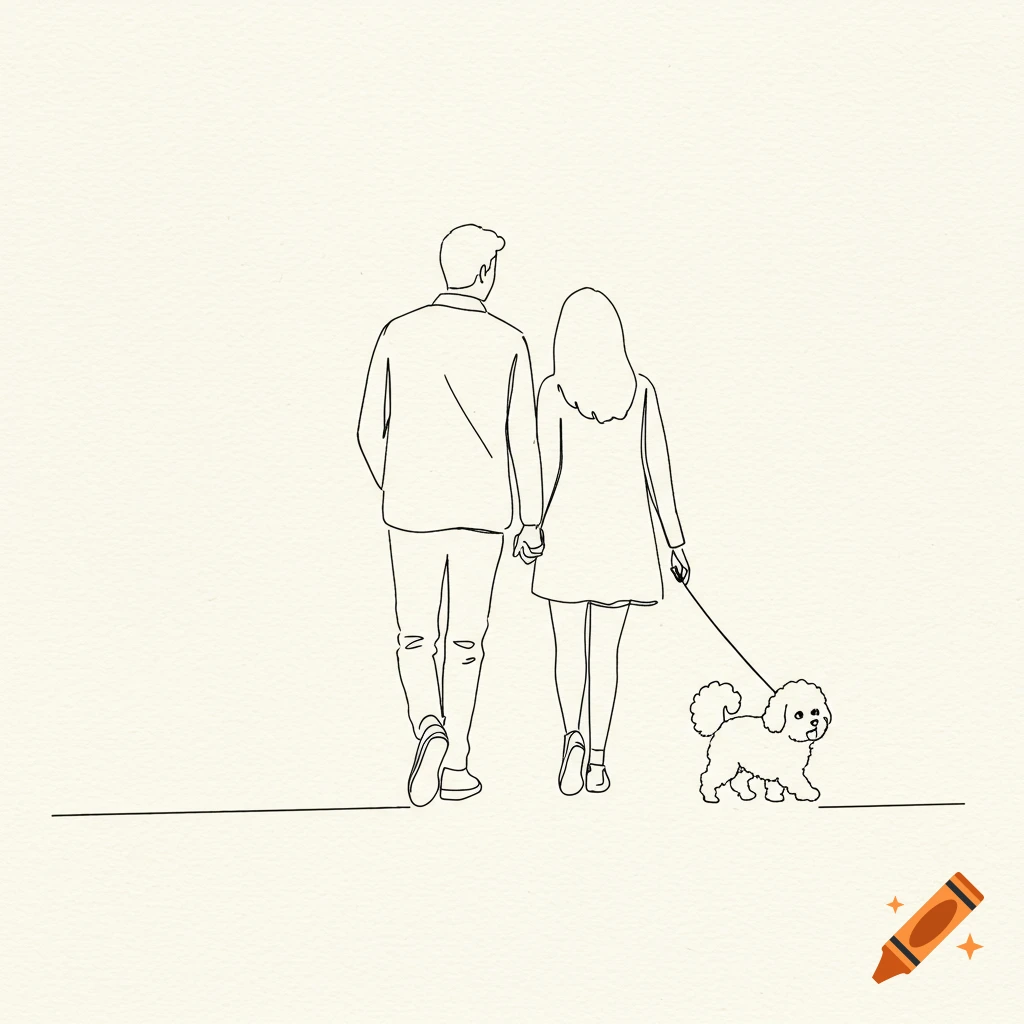 Minimalist line art illustration of a couple holding hands and walking a fluffy dog on a leash.