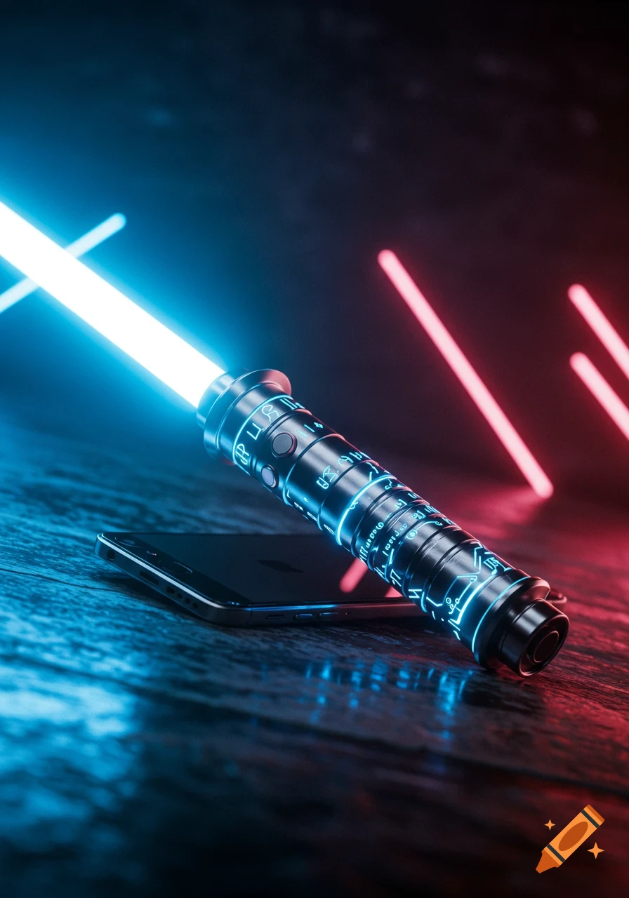 A glowing blue lightsaber rests on a black iPhone on a dark, reflective surface, illuminated by red and blue neon lights.