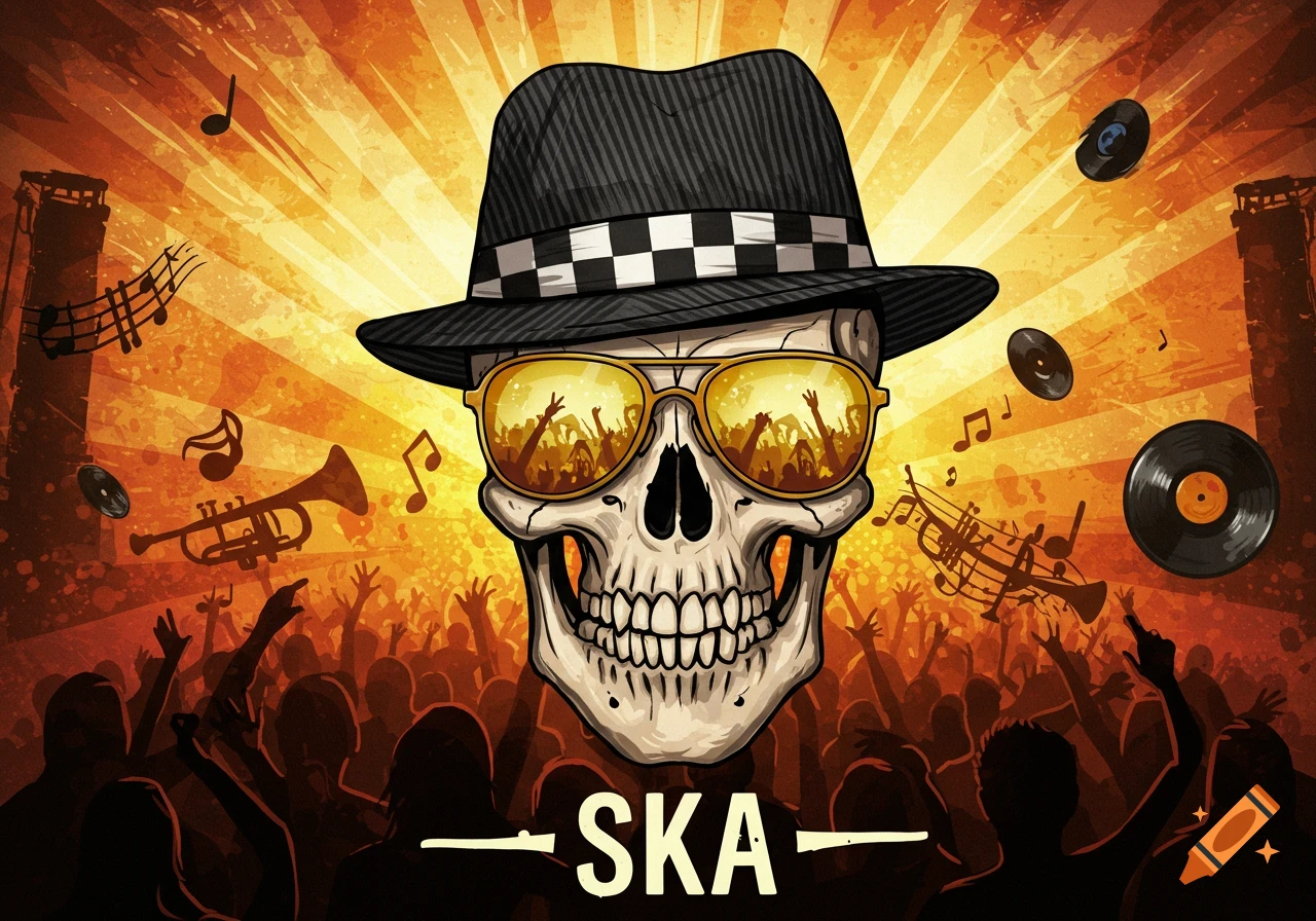 Stylized skull in a fedora and sunglasses reflecting a concert crowd, with musical instruments and 'SKA' text on a vibrant orange background.