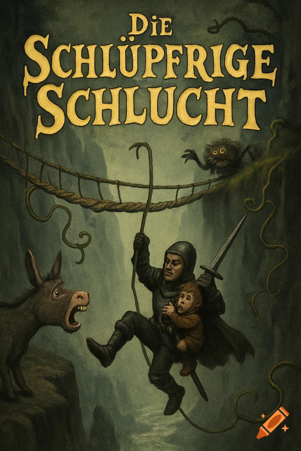 A knight holding a scared child swings on a vine over a chasm while a donkey brays and a fuzzy monster lurks above, with the title "Die Schlüpfrige Schlucht" at the top, in a dark fantasy illustration style.
