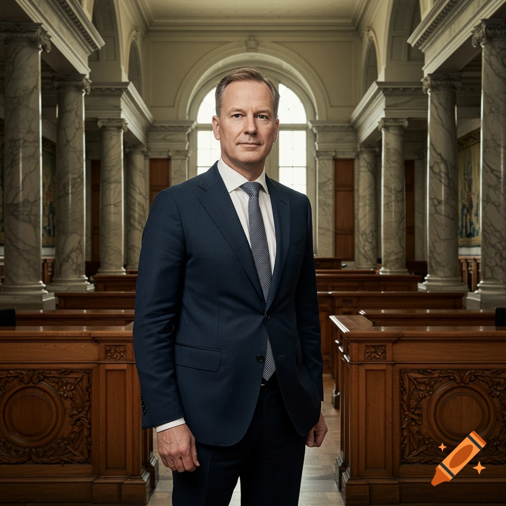 A serious man in a dark blue suit and tie stands in a grand, columned hall with wooden benches, looking directly at the viewer.