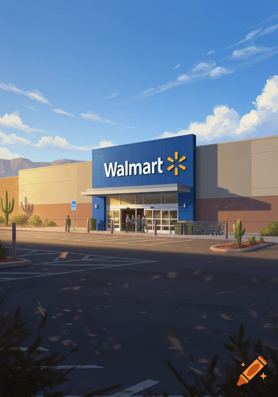 An illustrated view of a Walmart store in a desert setting under a bright blue sky with customers entering. Cacti and mountains are in the background.