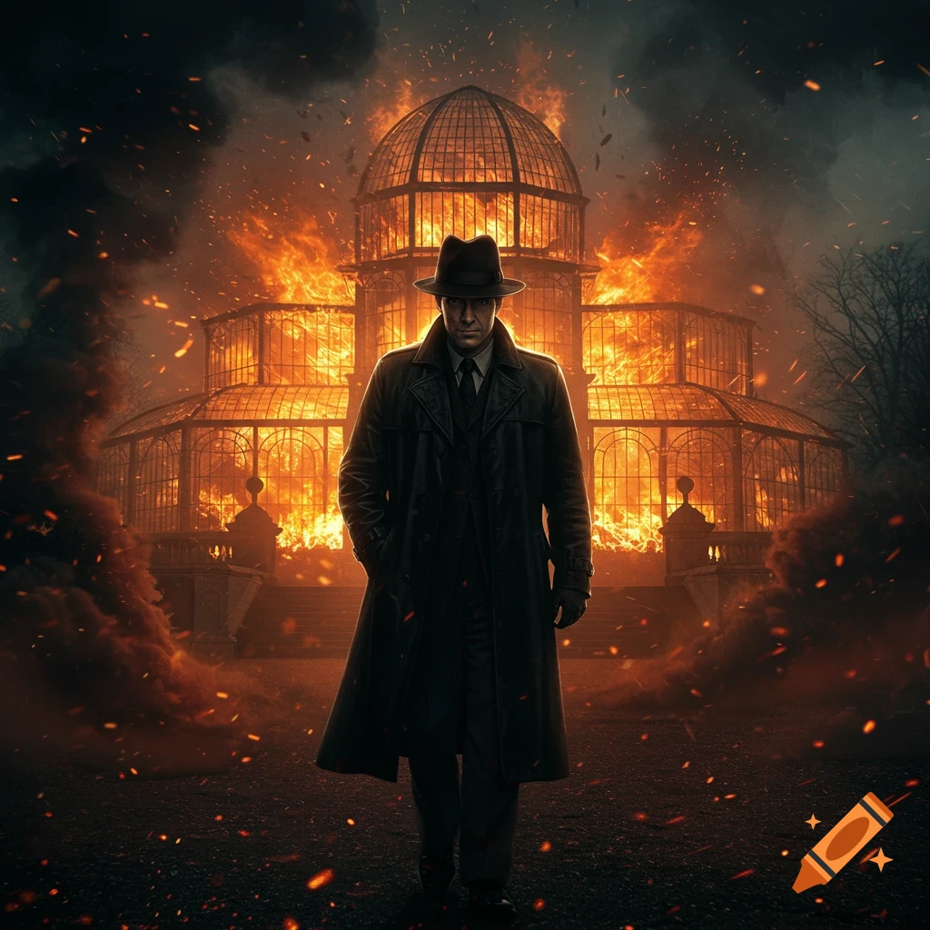 Mysterious man in a fedora and trenchcoat stands before a grand glass building engulfed in dramatic fire and smoke, photorealistic.