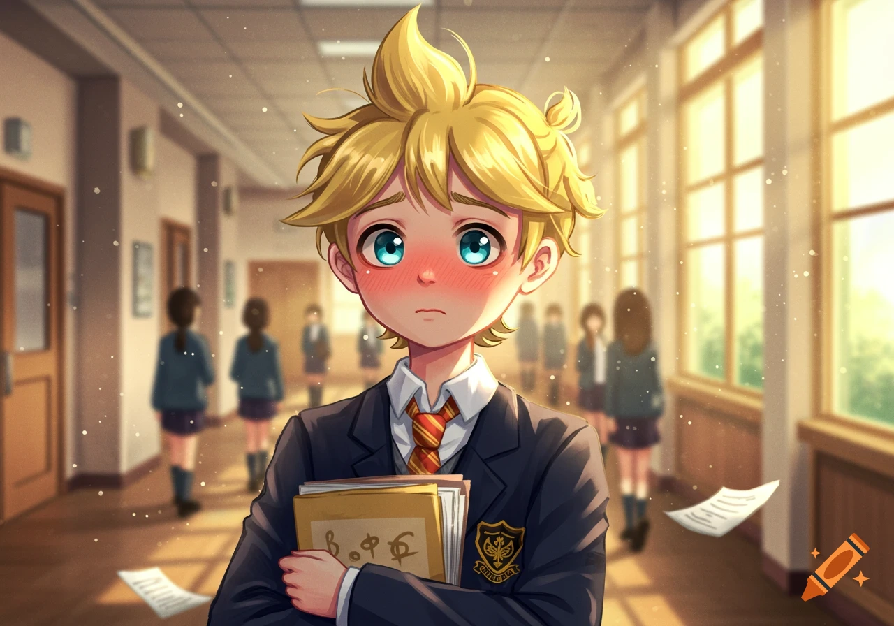 An anime boy with blond spiky hair and blue eyes, blushing in a school uniform, holds books in a sunny hallway.