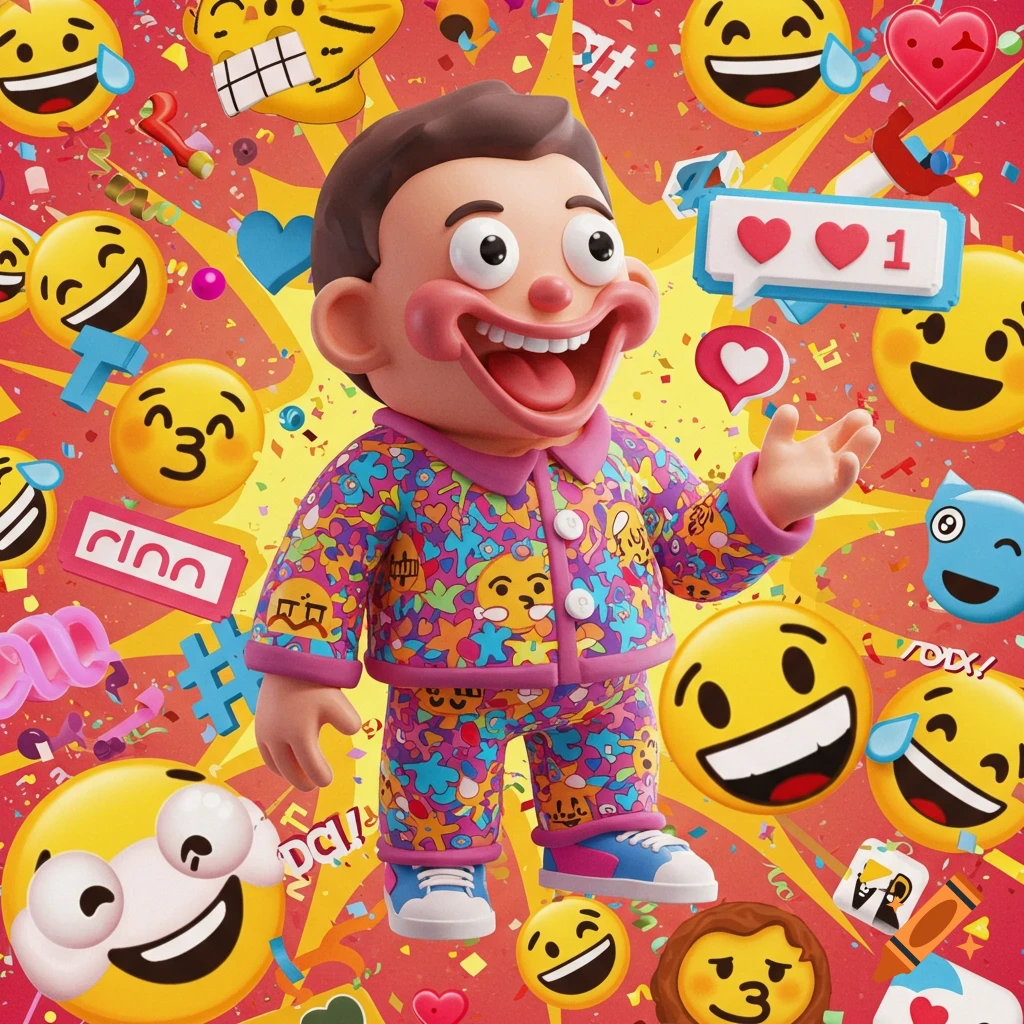 A 3D cartoon character with a wide grin, wearing a colorful, emoji-patterned outfit, surrounded by various emojis and confetti against a vibrant red and yellow background.