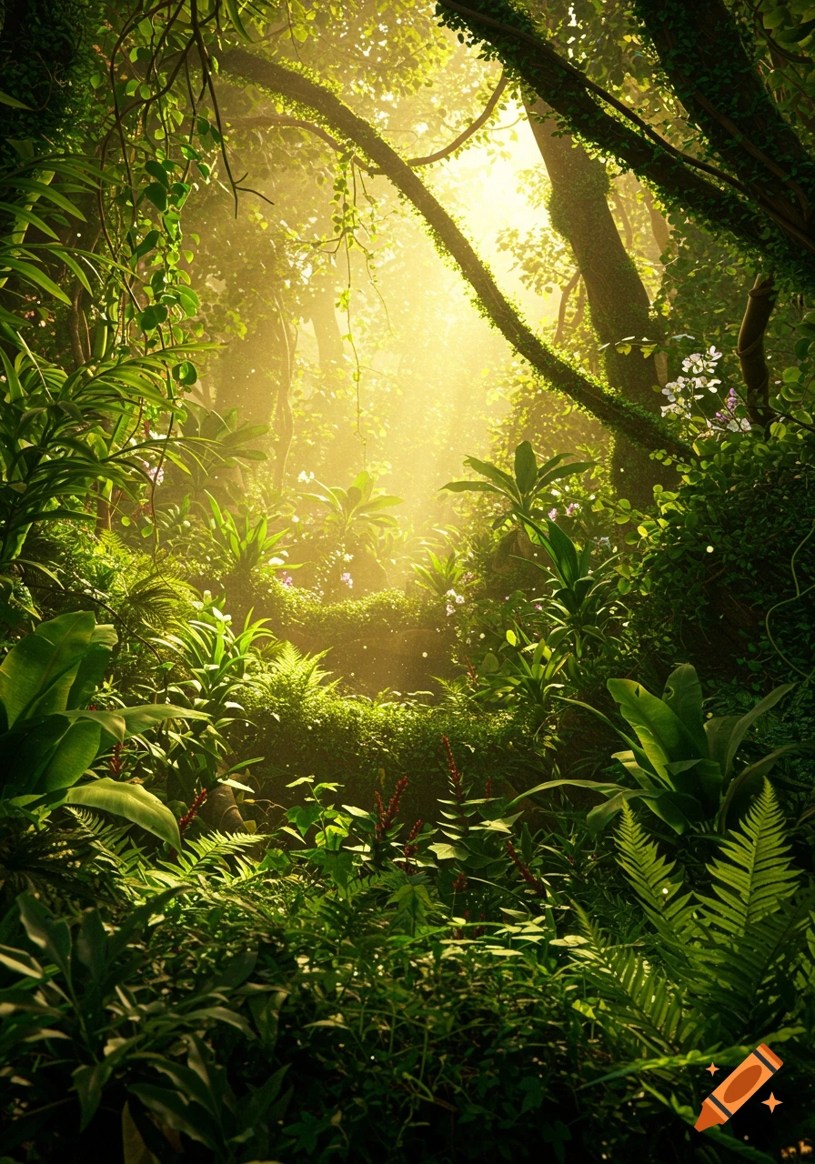 Vibrant, photorealistic image of a dense jungle with sunlight filtering through the canopy, illuminating lush green foliage.