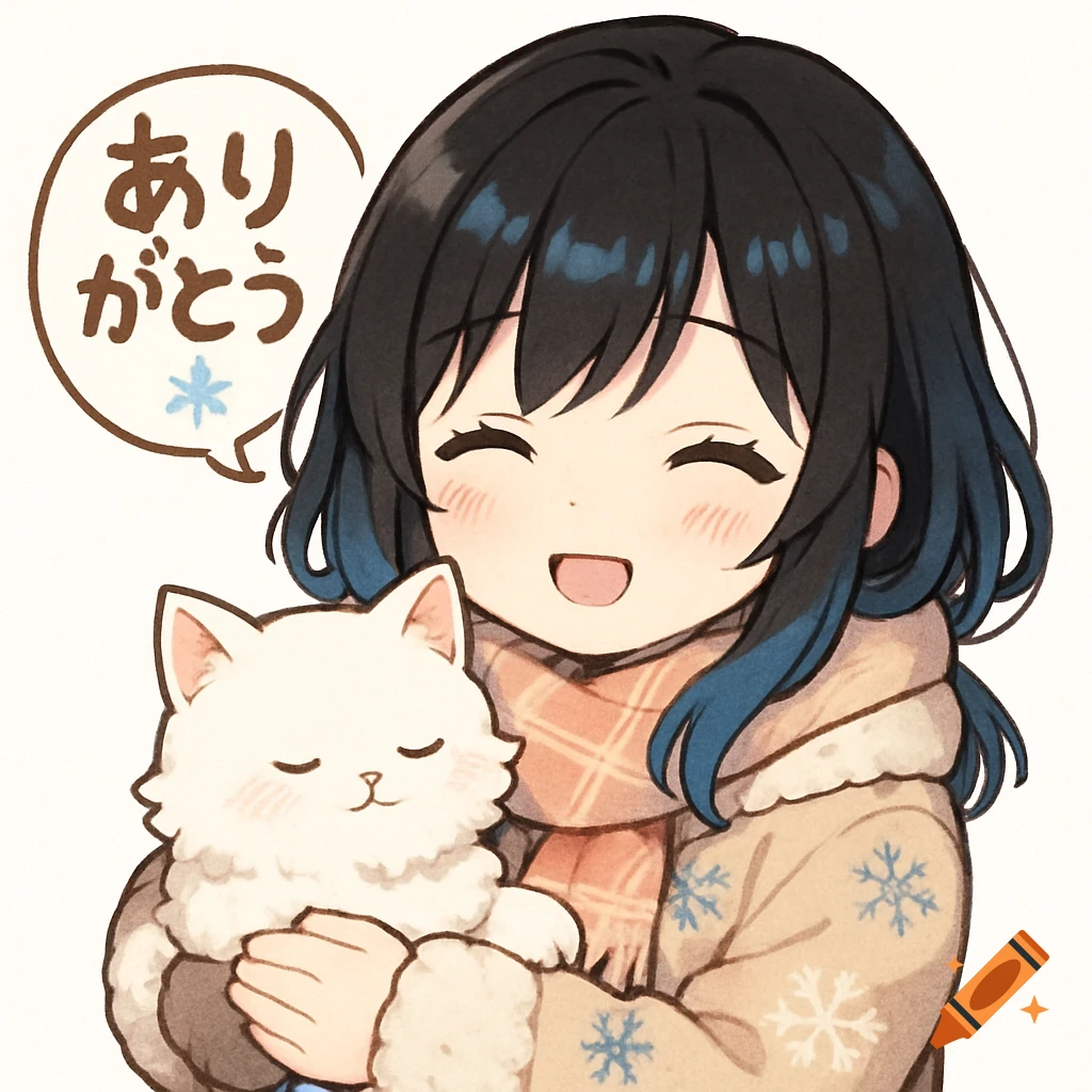 Smiling anime girl with black hair and blue highlights in a winter coat and scarf, holding a white cat. A speech bubble says 'ありがとう❄️'