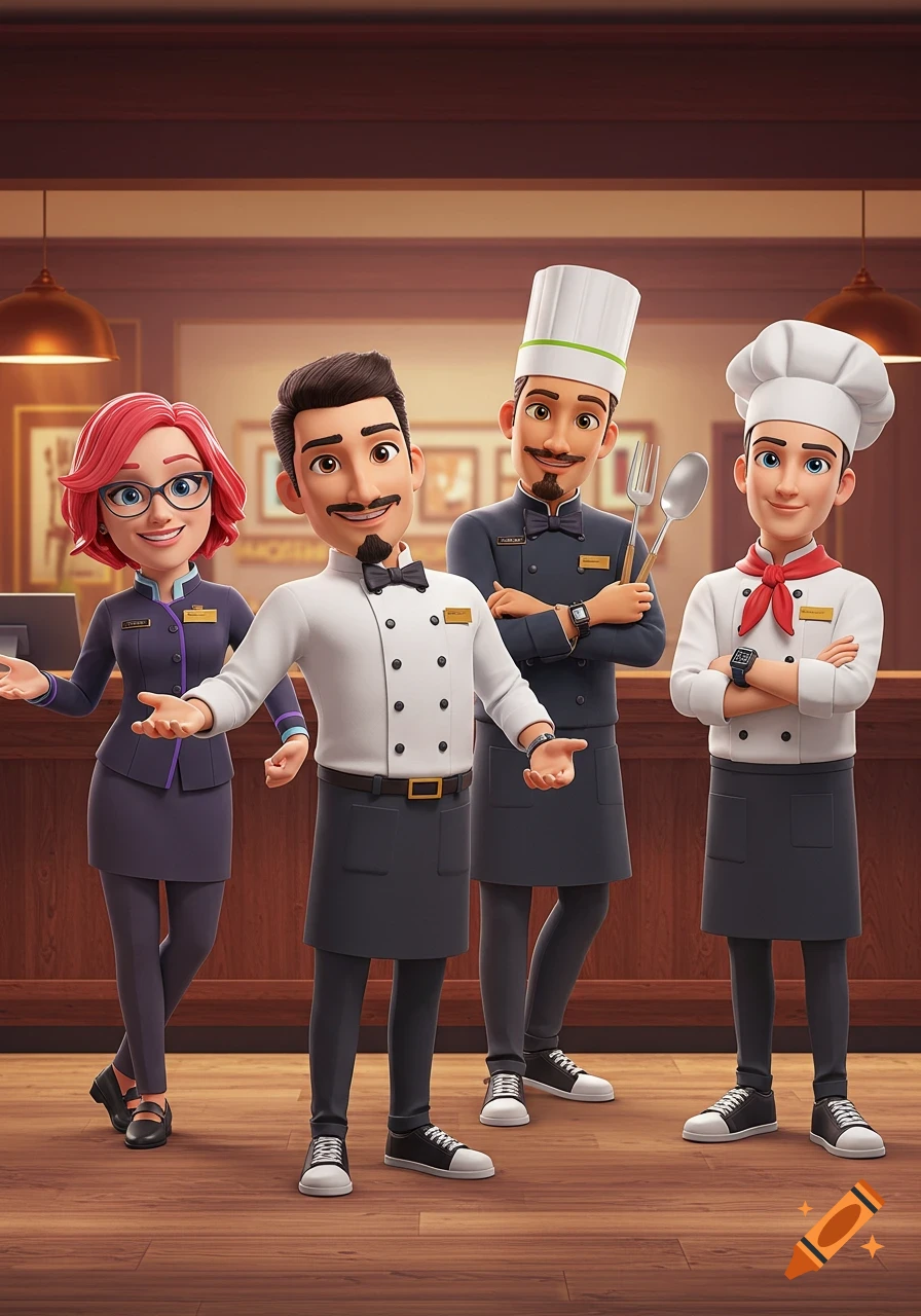 Four cheerful, stylized 3D animated hotel staff, including a receptionist and chefs, stand in a welcoming pose in a hotel lobby.