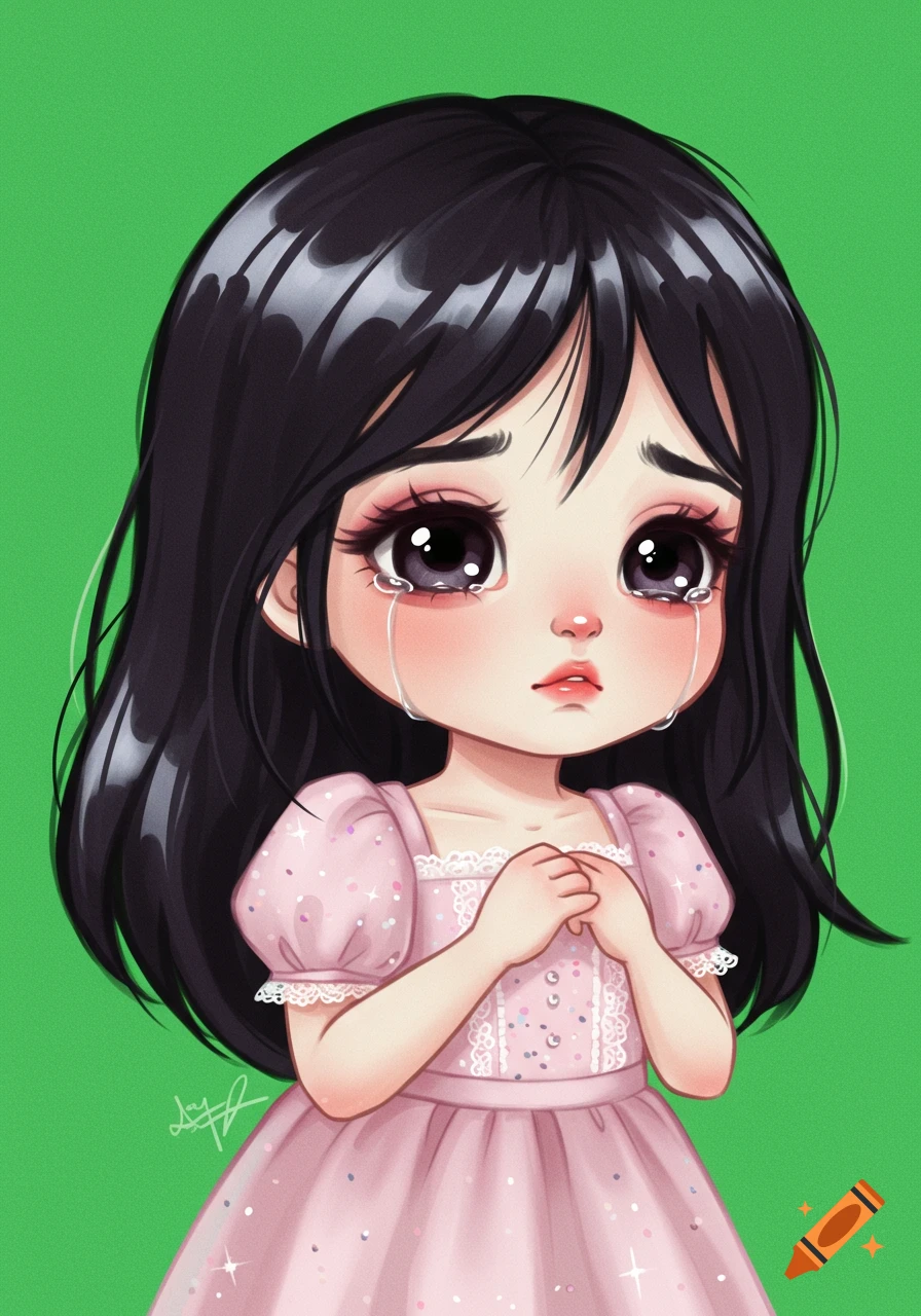 A sad, wide-eyed anime girl with black hair and a pink dress cries against a bright green background.
