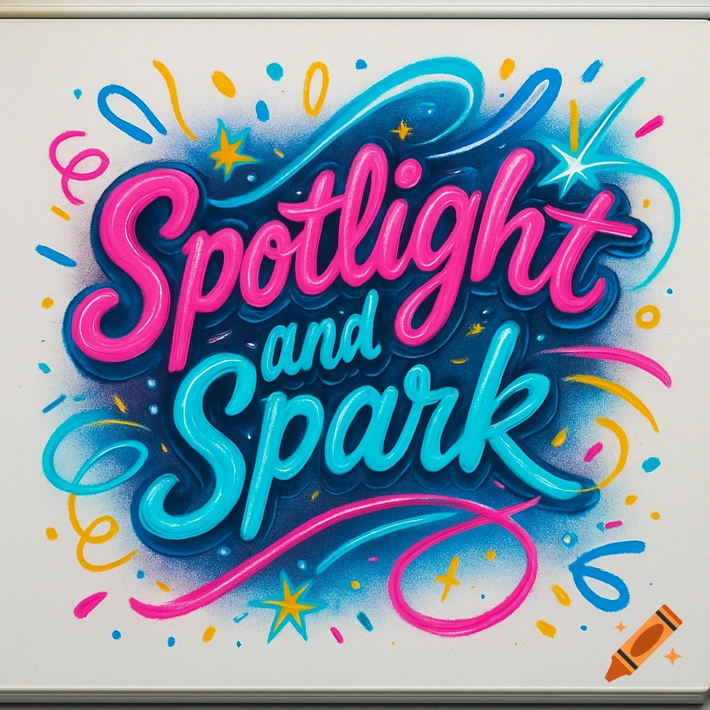 Vibrant blue and pink stylized text 'Spotlight and Spark' with confetti on a dark background.