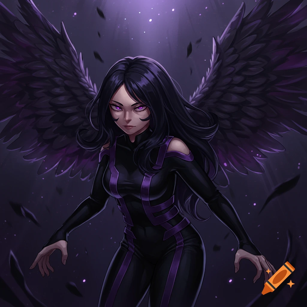 A dark-haired woman with glowing purple eyes and large dark purple wings, wearing a black and purple suit, in an anime style.