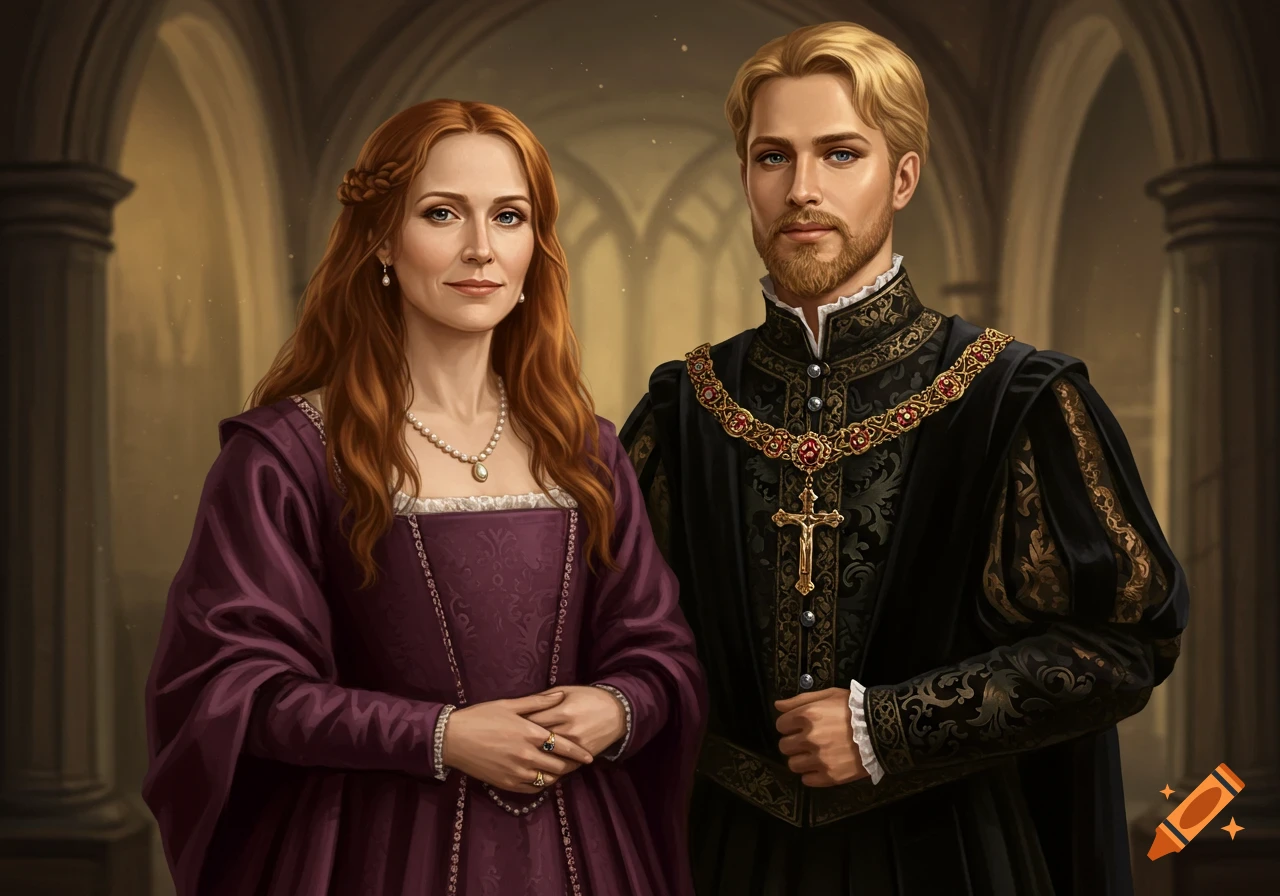 A painted portrait of a noblewoman in a purple gown and pearls next to a nobleman in a black velvet doublet and golden chain in a hall.
