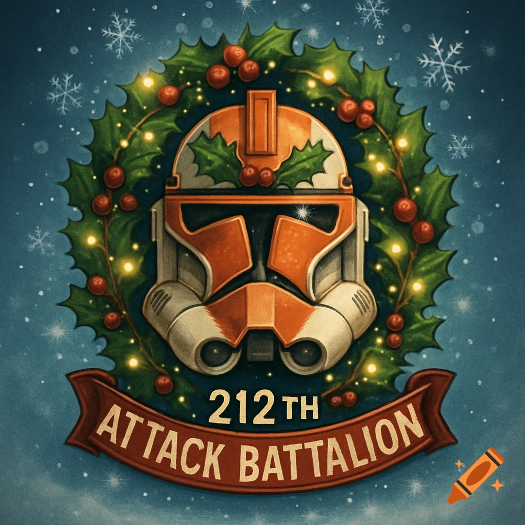 Christmas-themed digital art of an orange Star Wars clone trooper helmet in a holly wreath with "212th ATTACK BATTALION" text.