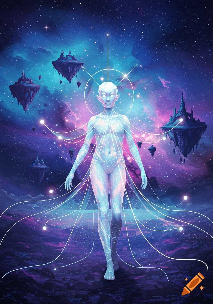 A luminous, ethereal figure with glowing eyes walks amidst a vibrant purple and blue cosmic nebula with floating islands. Fantasy art.