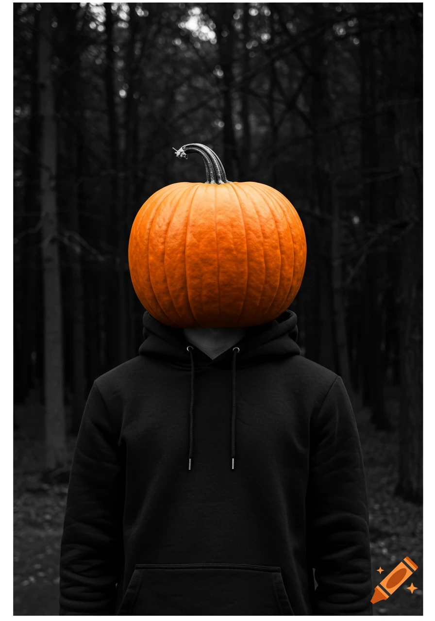 A person in a black hoodie stands in a dark forest with an orange pumpkin for a head, rendered in a high-contrast, minimalist style.