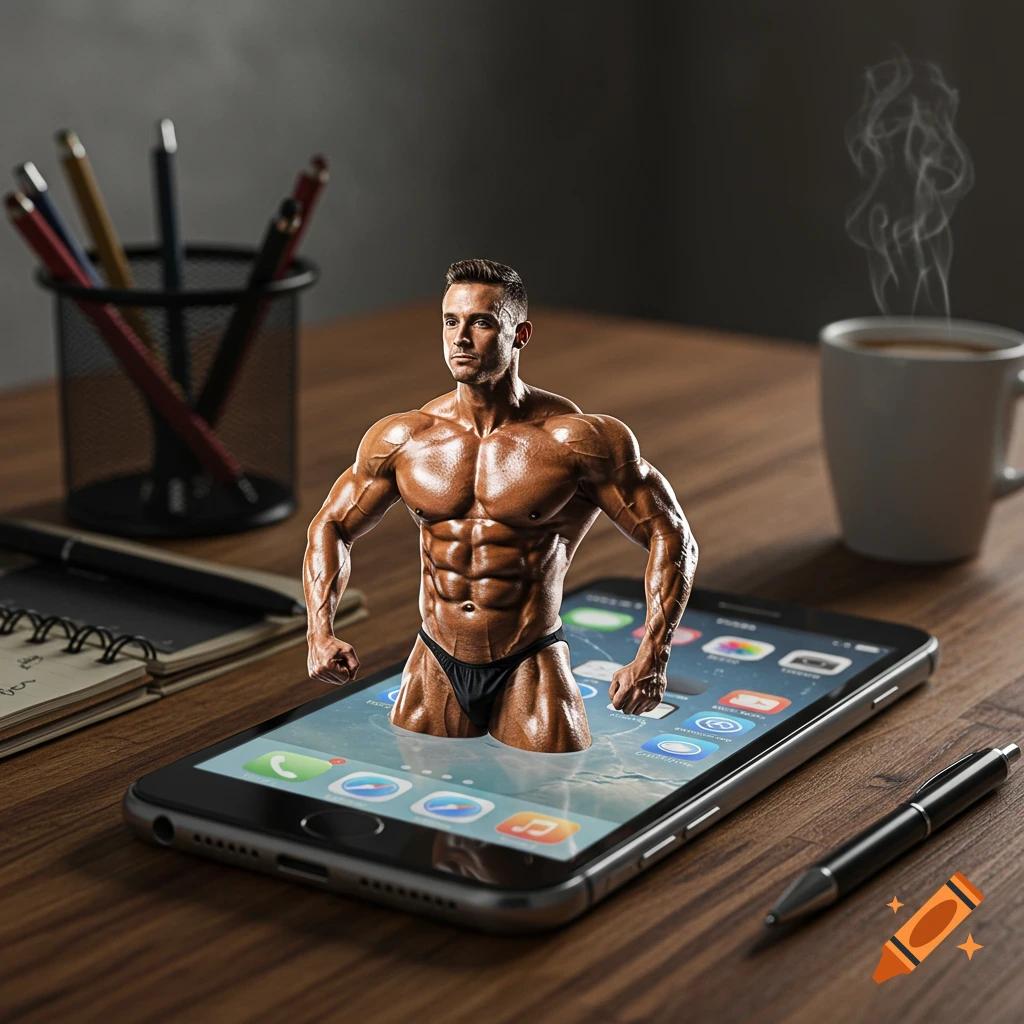 A muscular bodybuilder in a black posing trunk emerges from a smartphone screen on a wooden desk with office supplies and a coffee.
