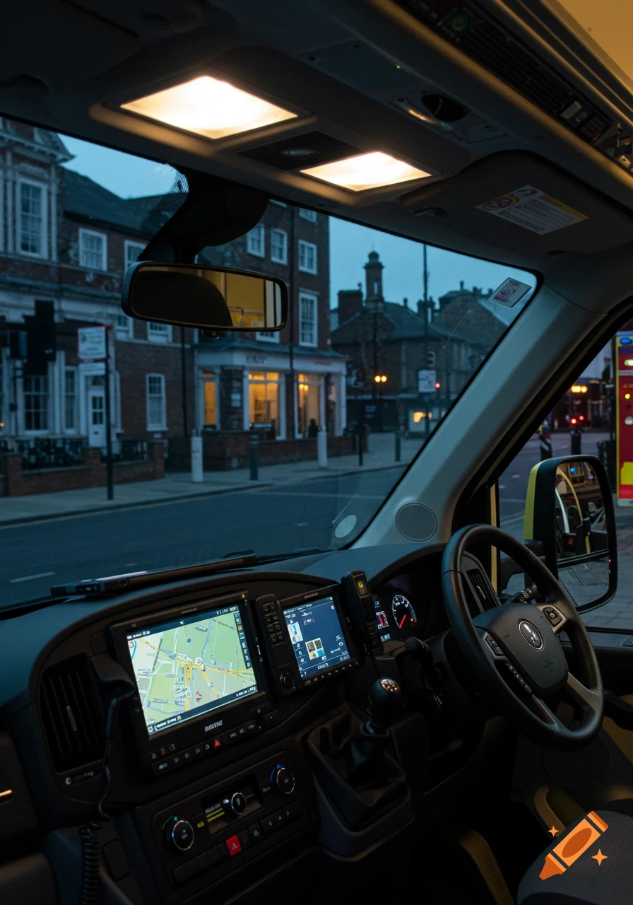 First-person view from inside an ambulance cab, showing the dashboard with screens and a steering wheel, looking out onto a dark street with brick buildings and glowing lights.