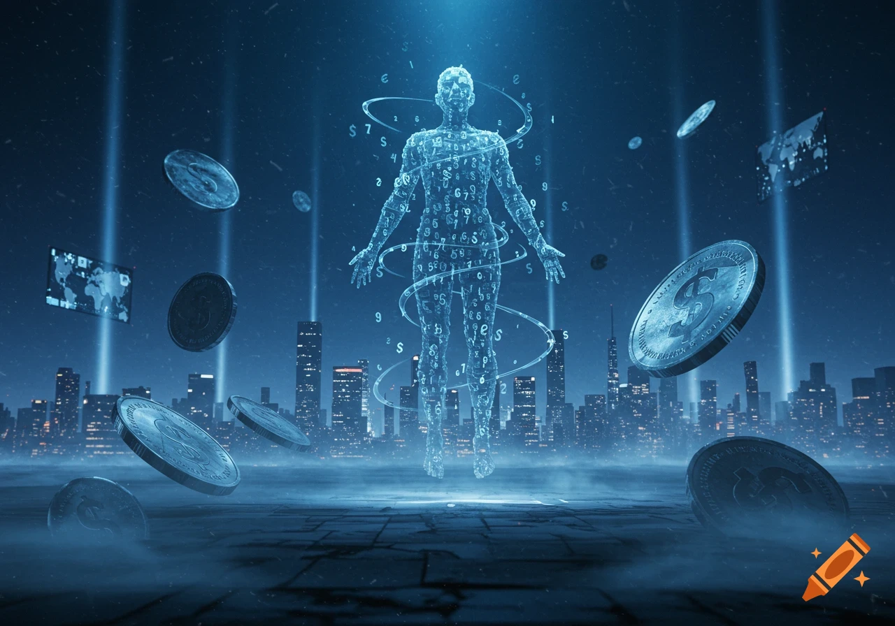 A glowing, translucent human figure made of numbers and symbols floats above a city at night, surrounded by digital coins and light beams, in a futuristic style.